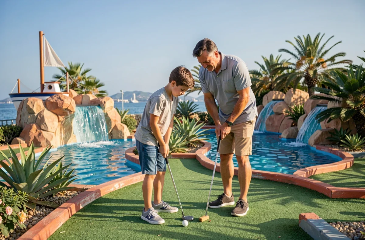 Père et fils jouant au mini-golf sur le parcours Adventure Golf à Antibes