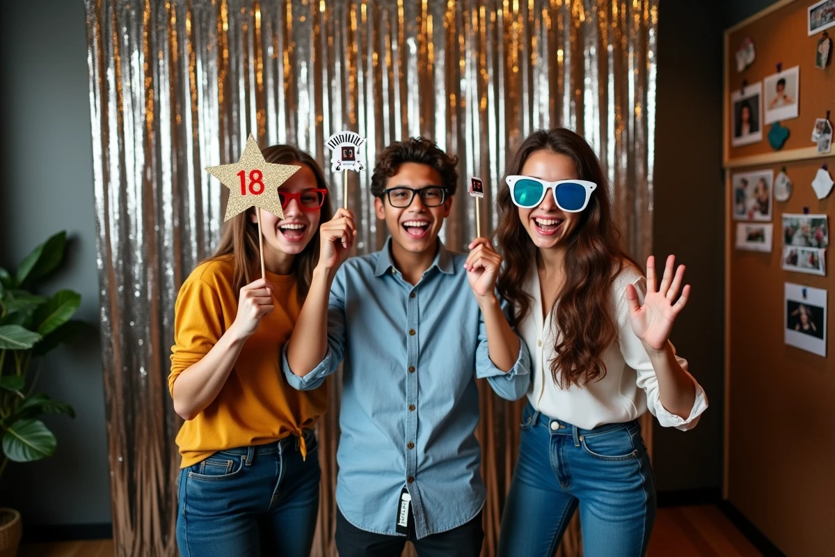Jeune homme de 18 ans avec ses amis dans un photobooth festif lors d'une animation d'anniversaire en intérieur