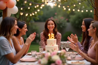 Jeune femme de 18 ans soufflant les bougies de son gâteau d'anniversaire entourée d'amis dans un jardin décoré