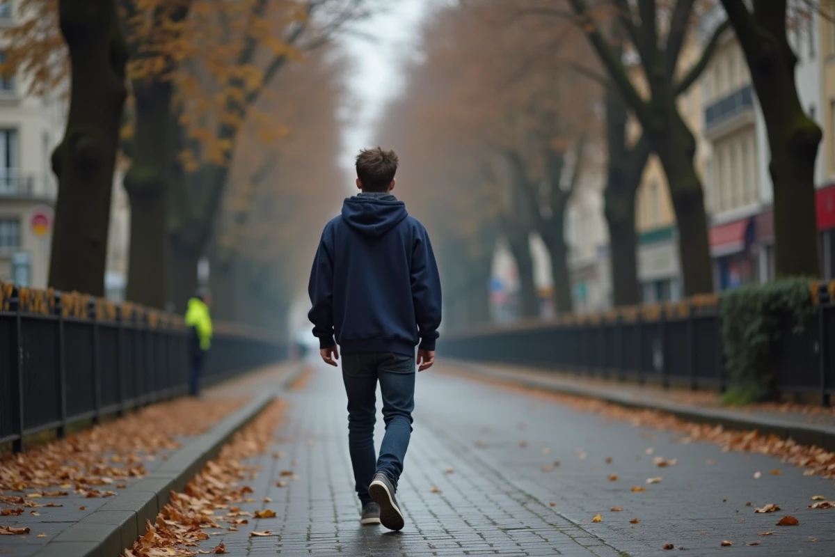 Jeune homme de dos dans une rue parisienne en automne, évoquant l'anonymat et la protection de la vie privée des enfants de célébrités