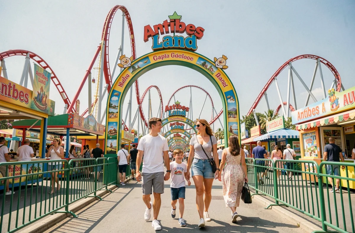 Famille à l'entrée du parc Antibes Land avec attractions colorées en arrière-plan