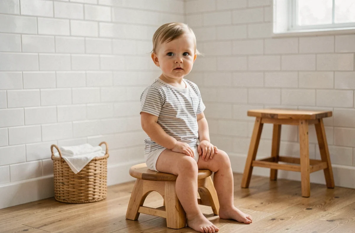 Jeune enfant assis sur un petit pot Montessori en bois dans une salle de bain minimaliste, apprentissage de la propreté en douceur