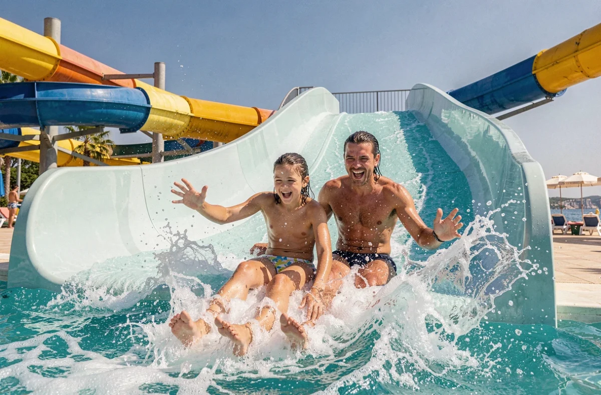 Famille dévalant un toboggan aquatique au parc Aquasplash à Antibes
