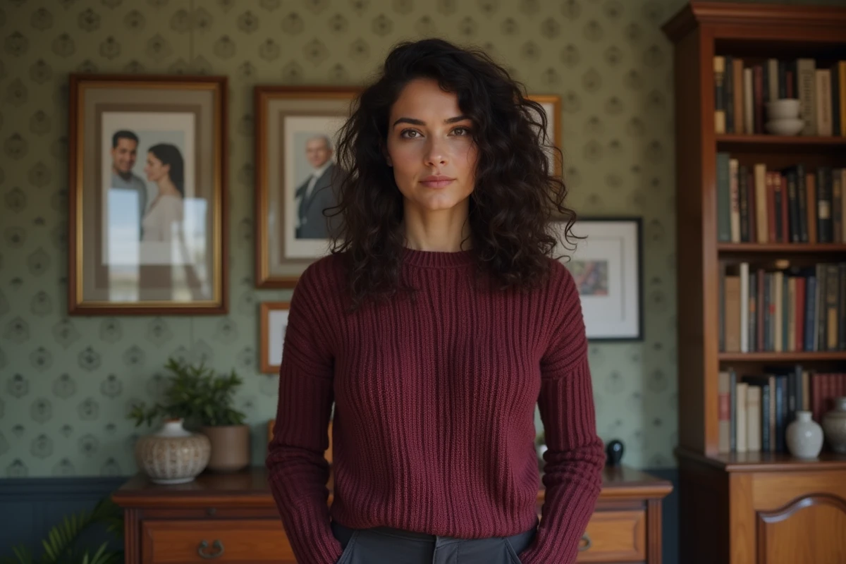 Femme debout dans un salon familial orné de portraits encadrés, évoquant les origines et l'histoire personnelle d'Aurore Malval
