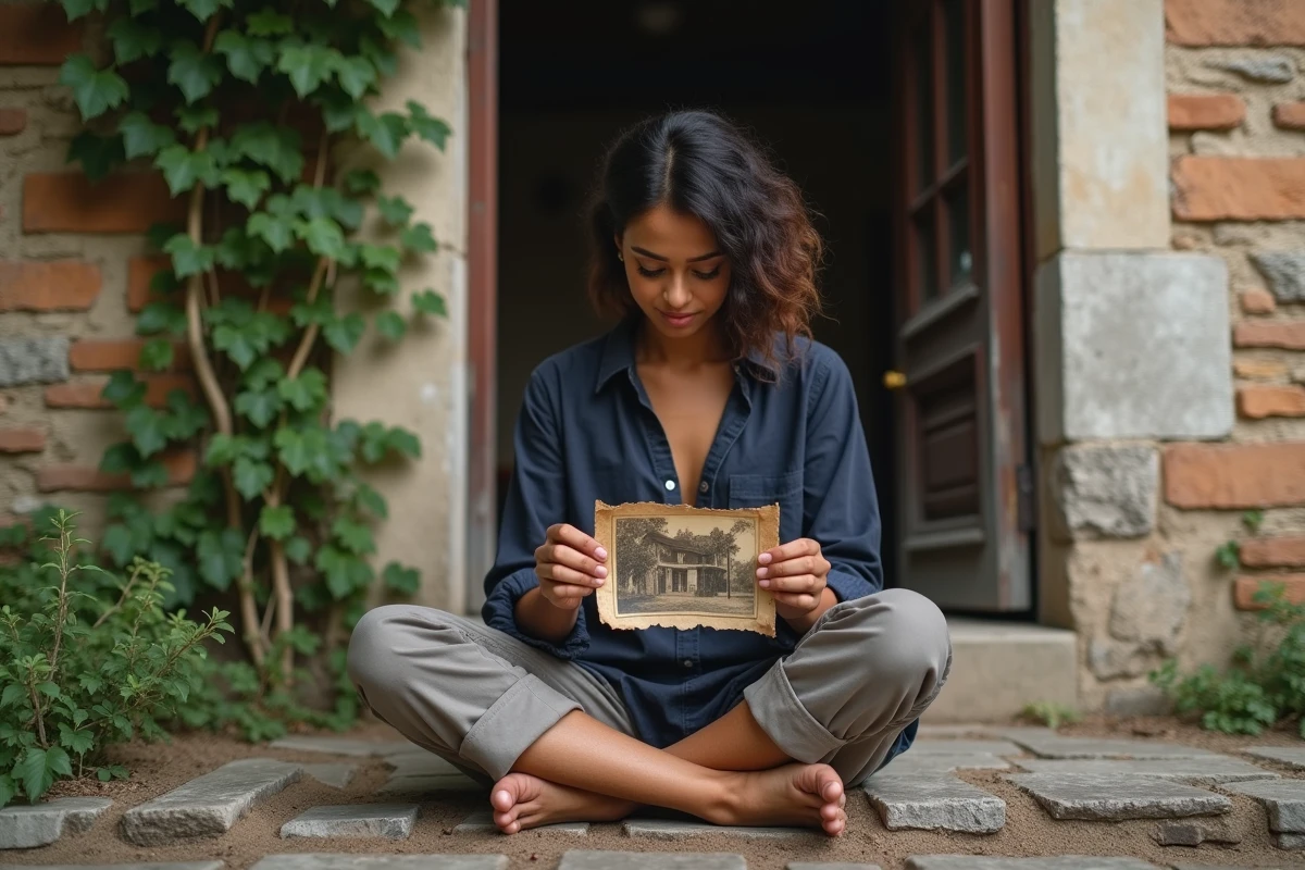 Femme aux origines mixtes contemplant une ancienne photographie devant une maison de campagne française, symbole de quête identitaire et de racines familiales