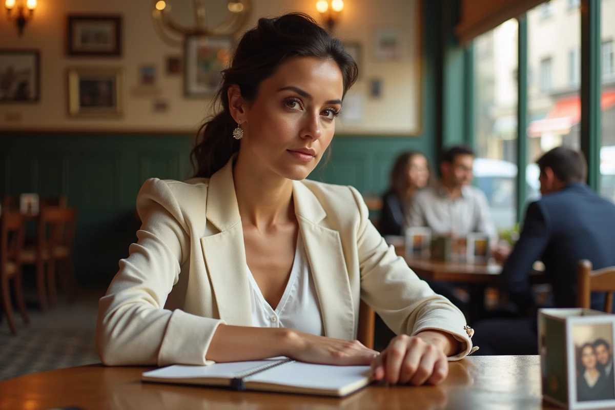 Femme française d'origine méditerranéenne assise dans un café parisien avec des photos de famille, illustration de la vie privée d'Aurore Malval