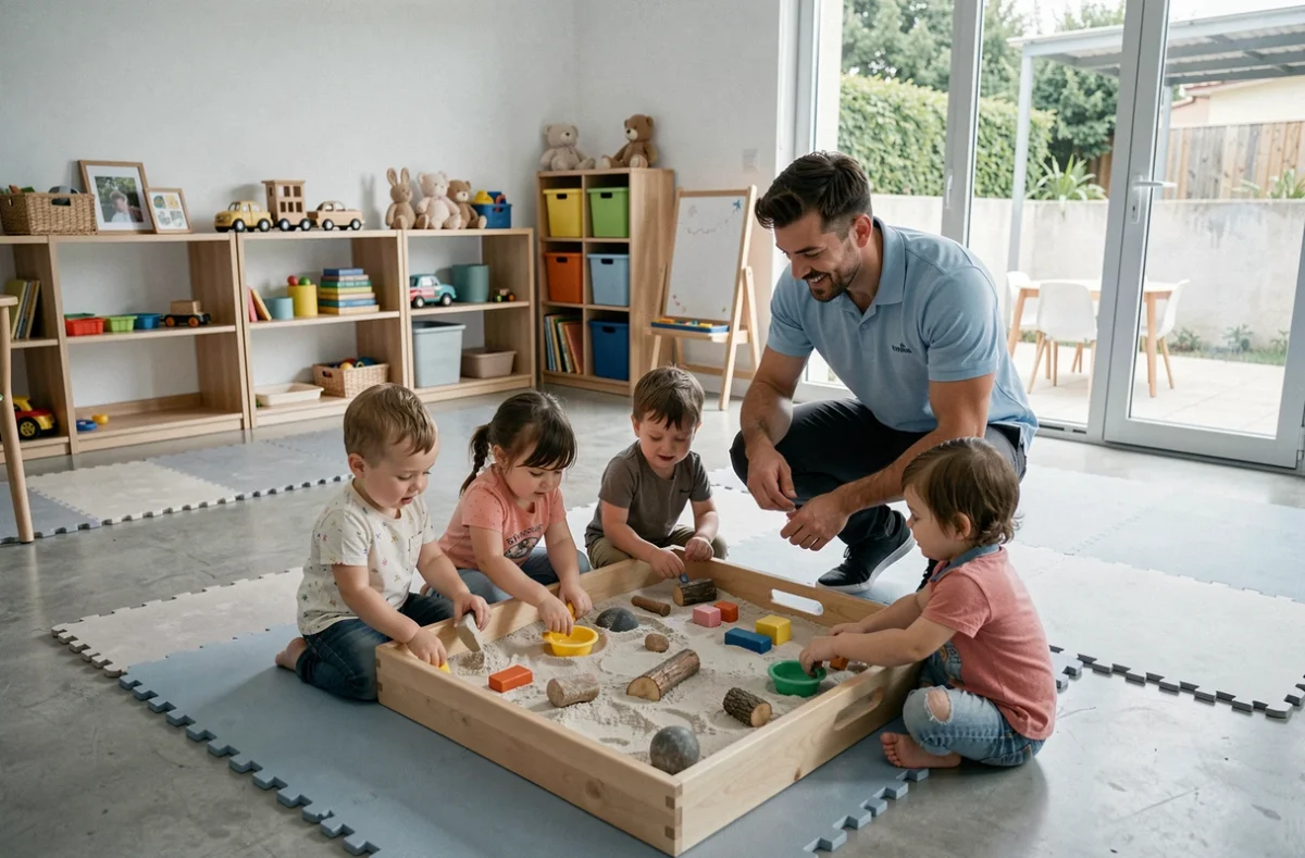 Éducateur masculin guidant des enfants lors d'une exploration sensorielle à la crèche Babilou BéBéBiz Euronord à Toulouse