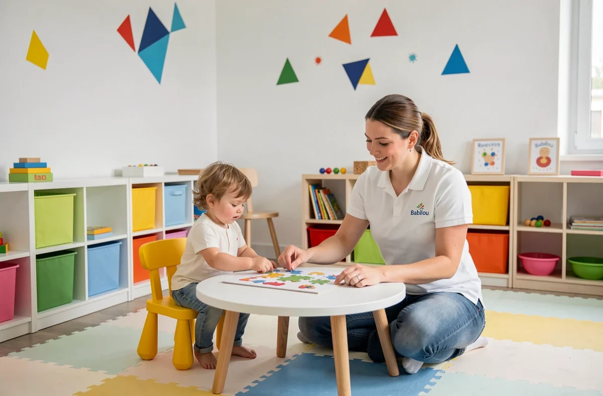 Professionnelle de la petite enfance animant un atelier puzzle avec des tout-petits à la crèche Babilou BéBéBiz de Roques