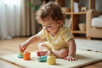 Bébé de 1 an assise sur un tapis de jeu en mousse, explorant des anneaux en bois pour développer sa motricité fine