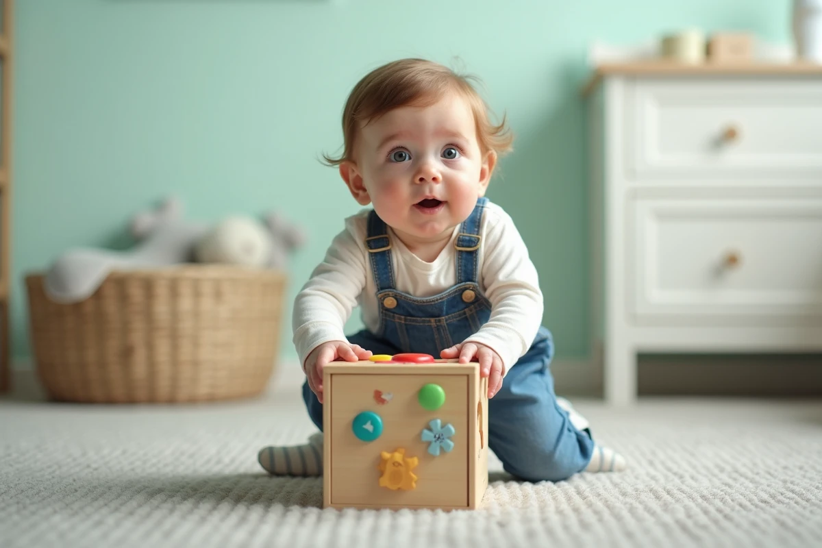Bébé garçon de 1 an se mettant debout contre un cube d'activités en bois pour travailler sa motricité globale