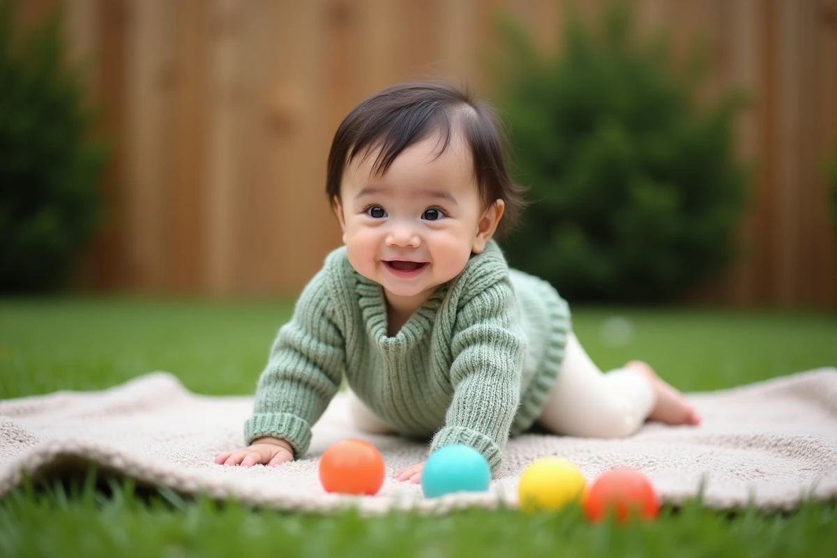 Bébé fille de 1 an qui rampe sur une couverture dans le jardin vers des balles sensorielles pour stimuler sa motricité