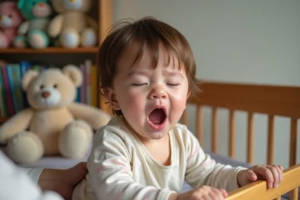 Bébé endormi dans un lit en bois avec parent souriant
