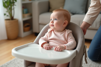 Bebe fille en siège confortable dans un salon chaleureux