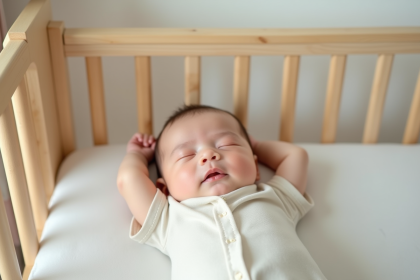 Bebe fille de trois mois dormant paisiblement dans une gigoteuse en coton