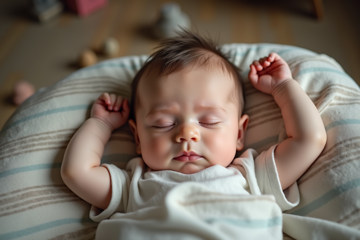 Bebe garcon de six mois en sieste sur une couverture à motifs