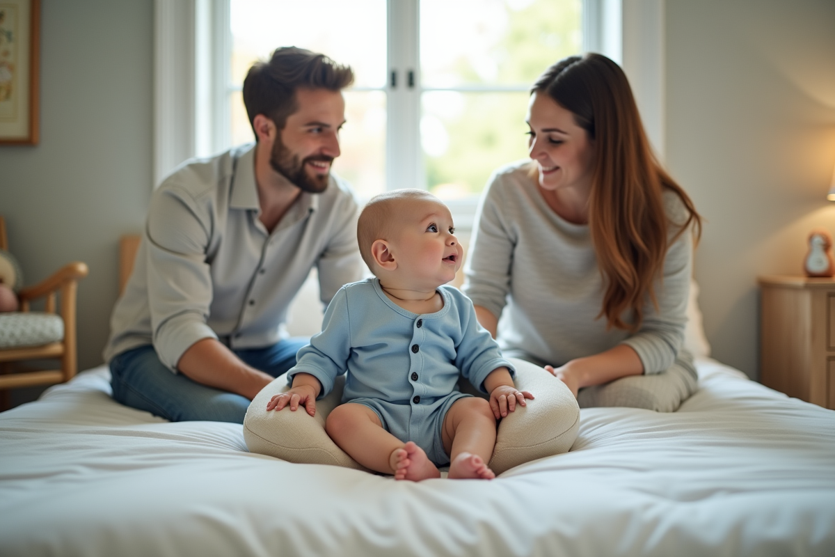 Bebe garcon sur lit avec ses parents dans une nurserie douce