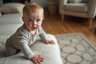 Bébé garçon de un an se baisse du sofa dans un intérieur chaleureux