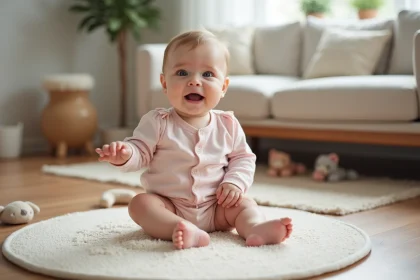 Bebe fille assise sur un tapis textur&eacute; dans un salon moderne