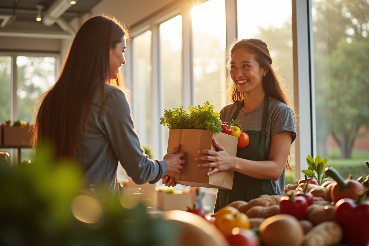 Benevole aidant une personne avec un sac de courses dans une banque alimentaire