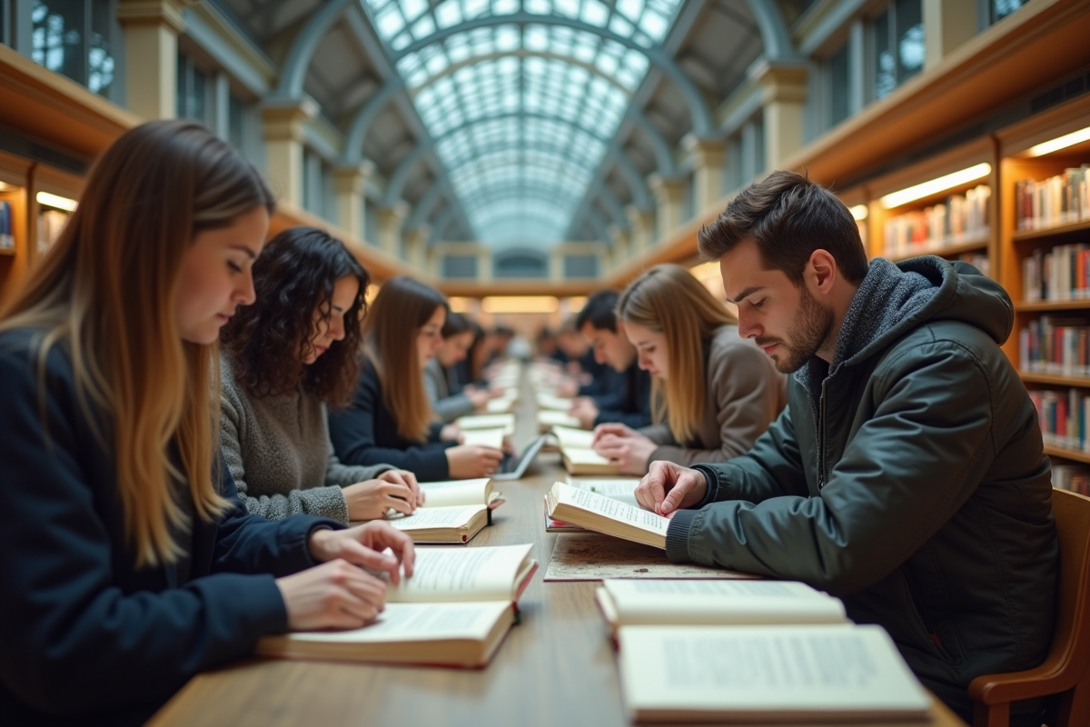 Bibliotheque animée avec personnes lisant rapidement
