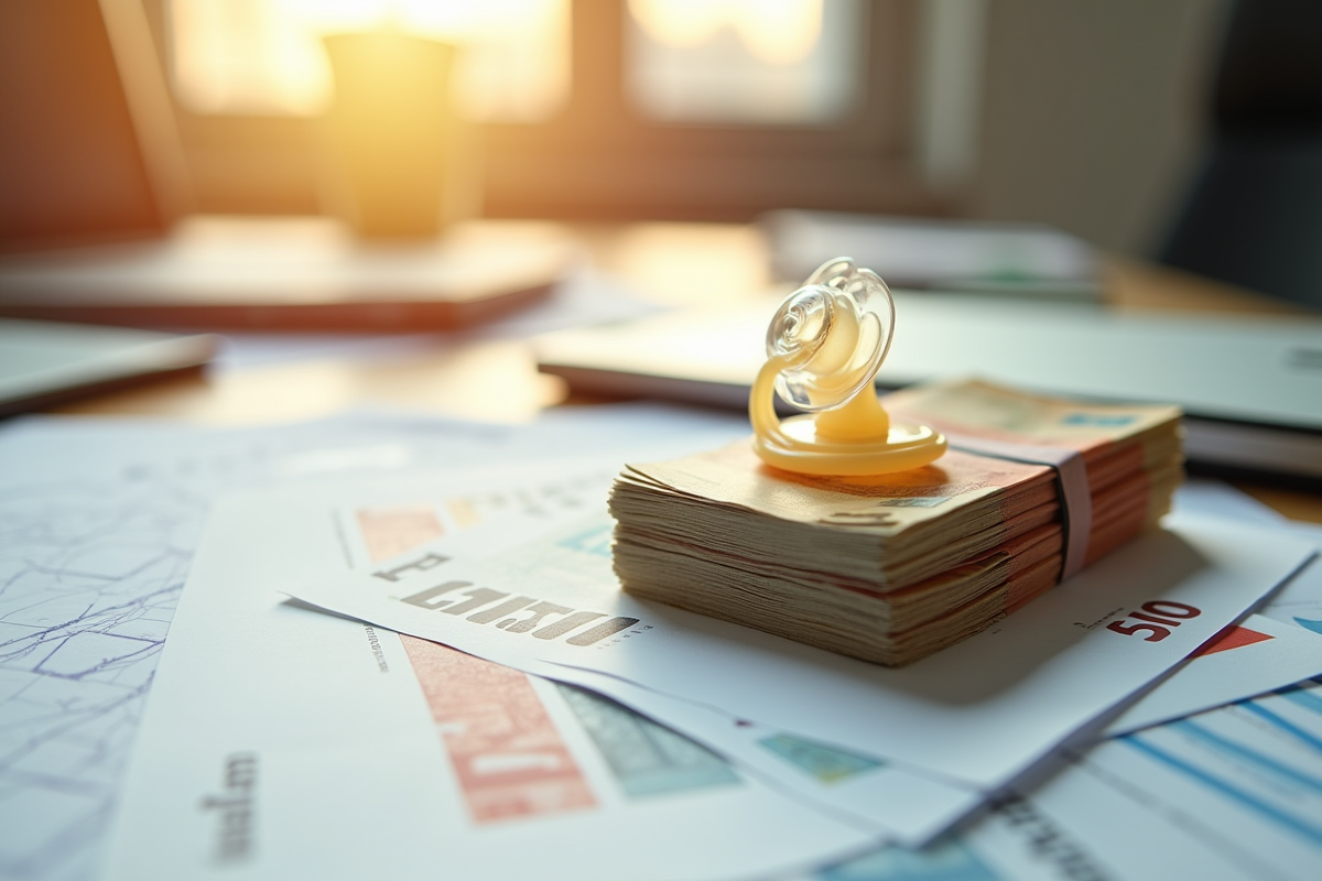 Billets d euros et tétine sur documents financiers pour la maternité