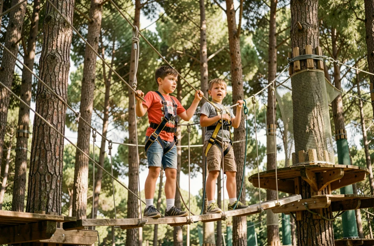 Enfants sur un parcours accrobranche dans les arbres du Bois des Lutins à Villeneuve-Loubet