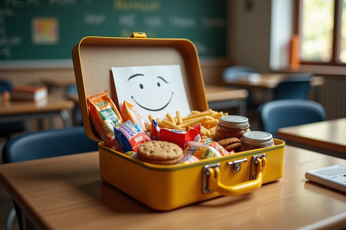 Boîte à lunch avec aliments transformés et note triste