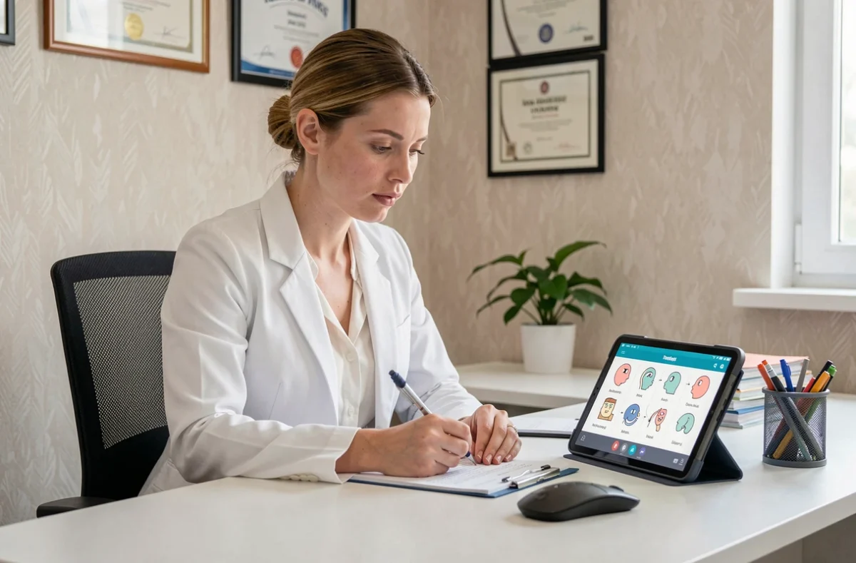 Clarisse Reynaert, orthophoniste, travaillant à son bureau avec une tablette et des outils thérapeutiques