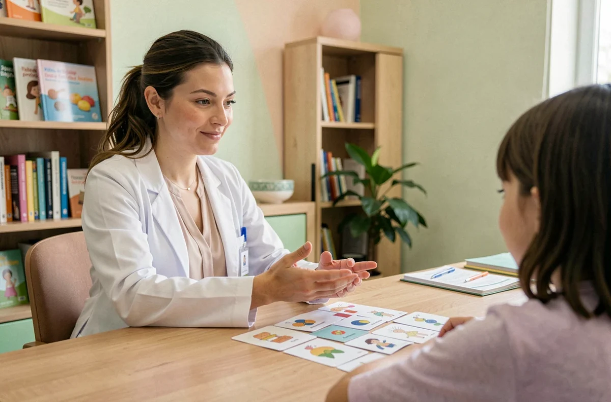 Fanny Ferrand, orthophoniste, en séance avec un patient dans son cabinet professionnel
