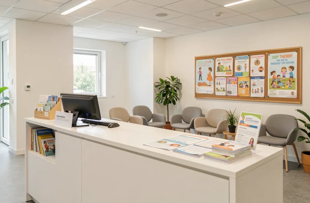 Accueil et salle d'attente du cabinet d'orthophonie de Lille Sud avec mobilier moderne et affiches thérapeutiques