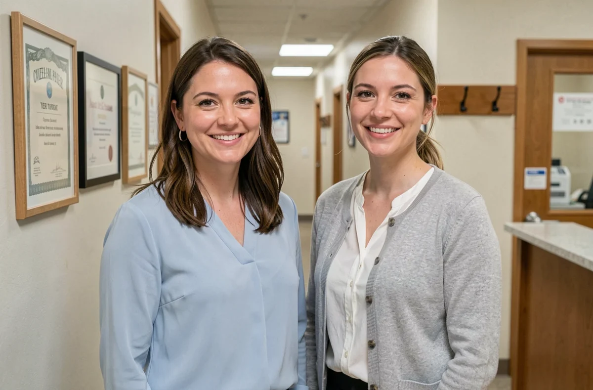 Olivia Nobili et Céline Hertault, orthophonistes associées, dans le couloir de leur cabinet partagé