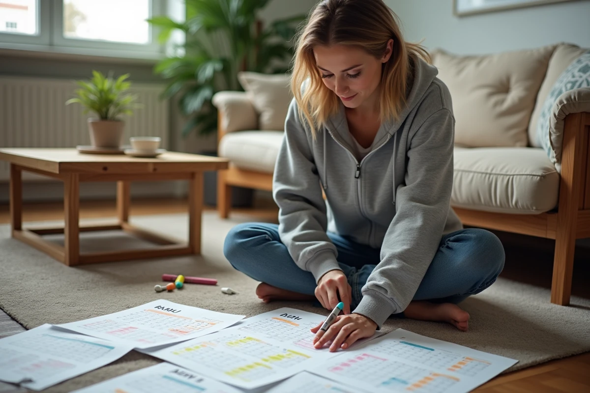 Jeune femme entourée d'impressions de calendrier 2026 surlignant les semaines paires et impaires sur le sol de son salon