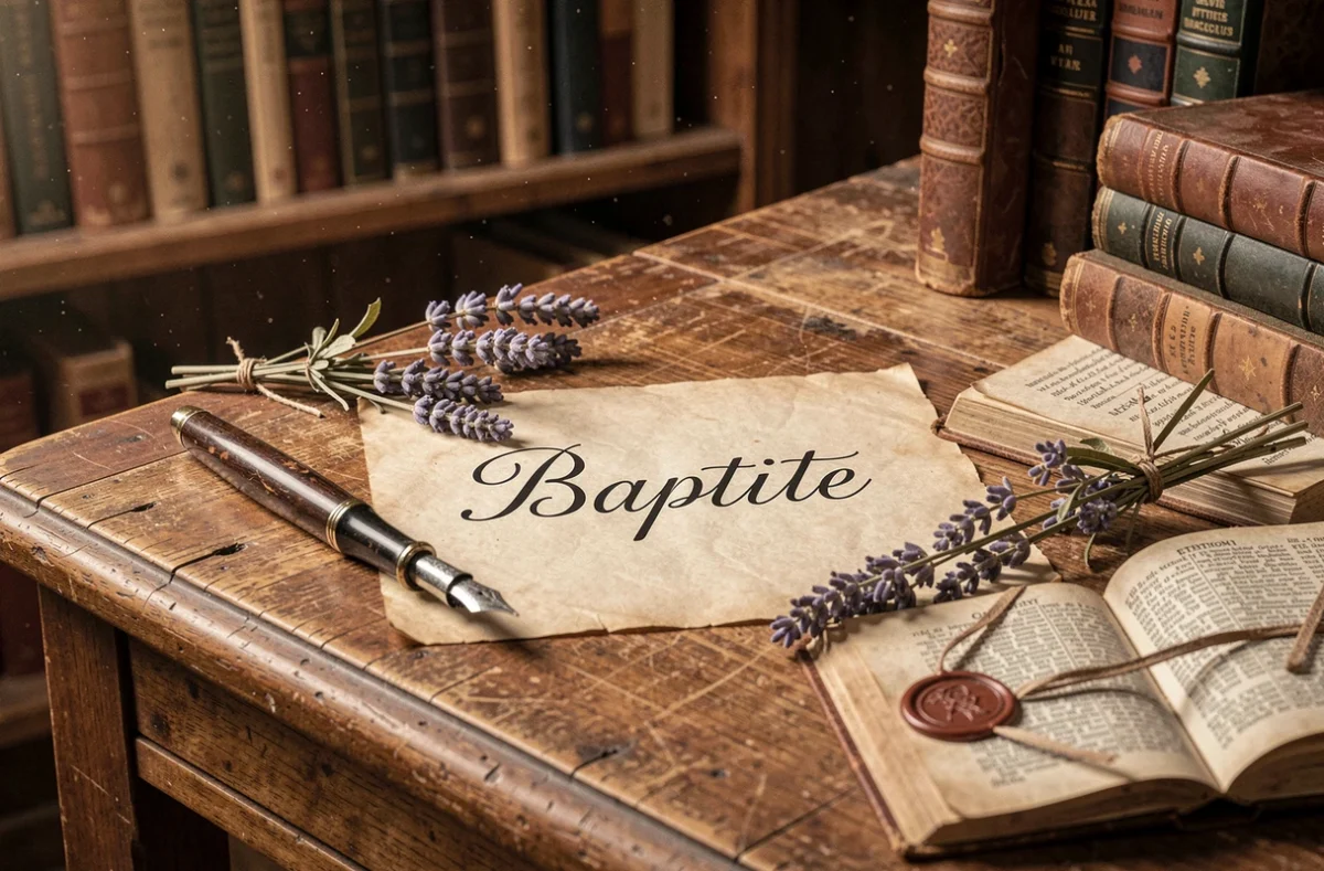 Calligraphie du prénom Baptiste sur parchemin avec dictionnaire étymologique et plume vintage, symbolisant l'origine historique et religieuse du prénom