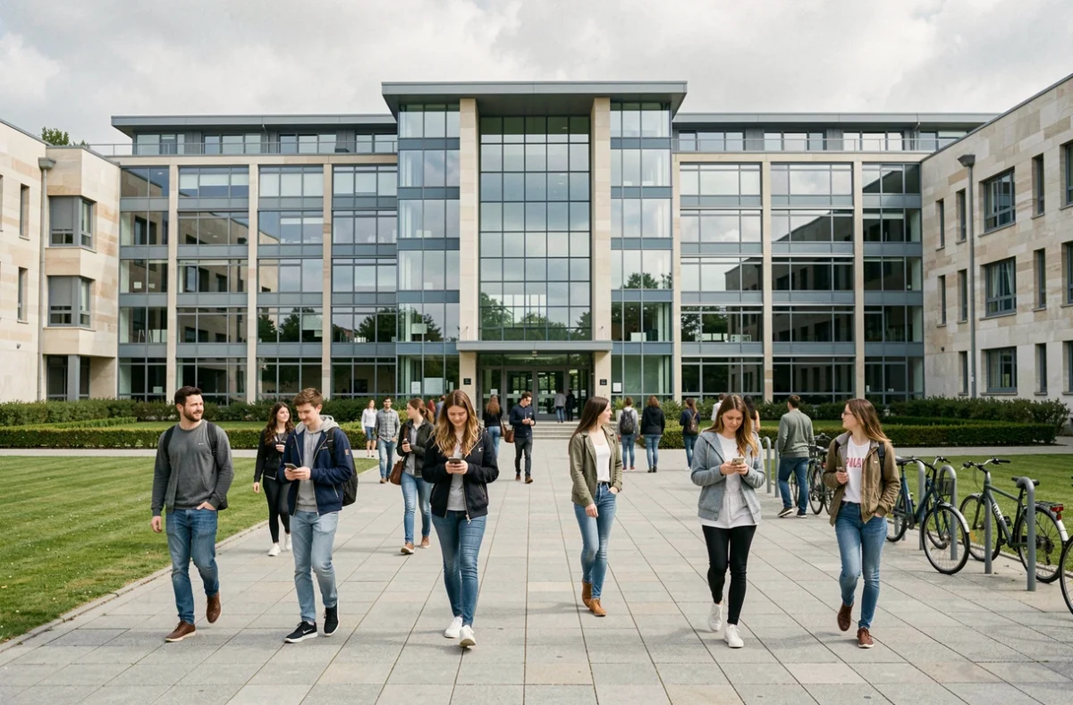 Vue du Campus Mouillère lycée privé à Orléans avec des lycéens sur l'esplanade principale