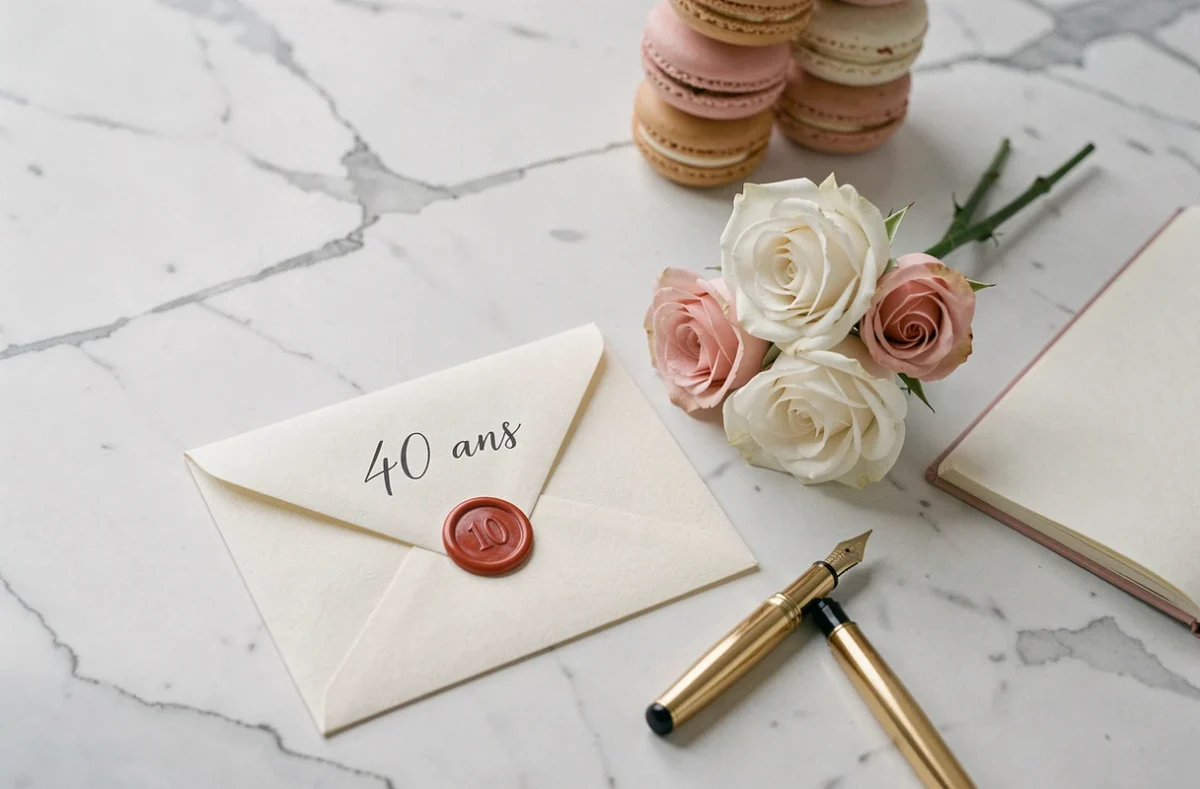 Flat-lay élégant avec carte d'anniversaire calligraphiée 40 ans, roses blanches, stylo doré et macarons sur marbre blanc