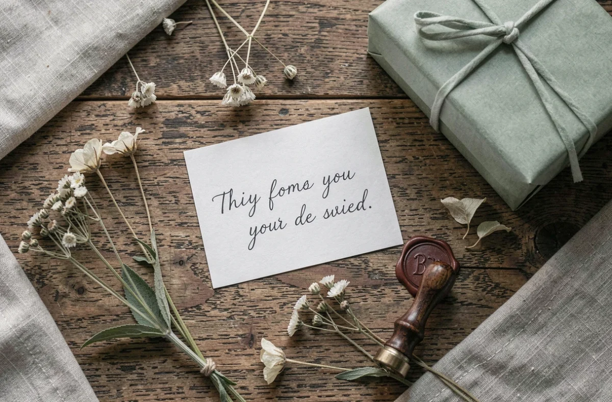 Carte message manuscrite et cadeau emballé pour la maîtresse disposés en flat lay sur une table en chêne
