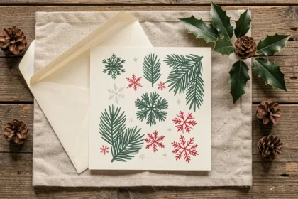 Carte de Noël gratuite à imprimer recto verso posée sur une table en bois avec enveloppe assortie et décoration de houx