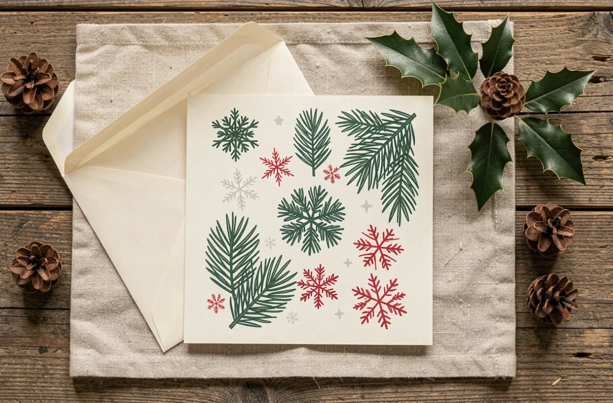 Carte de Noël gratuite à imprimer recto verso posée sur une table en bois avec enveloppe assortie et décoration de houx