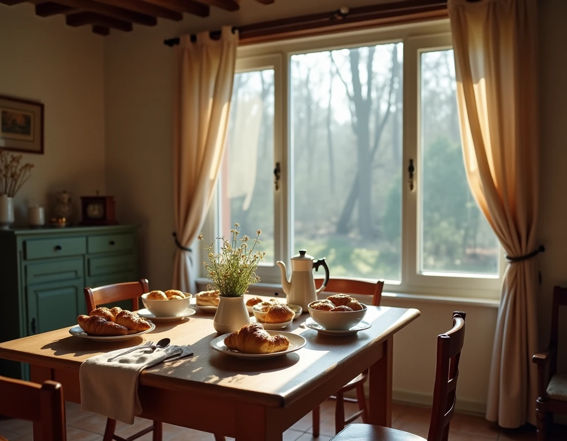 Table du petit-déjeuner dans une chambre d'hôtes rustique près de la Mer de Sable, ambiance chaleureuse et cadre forestier