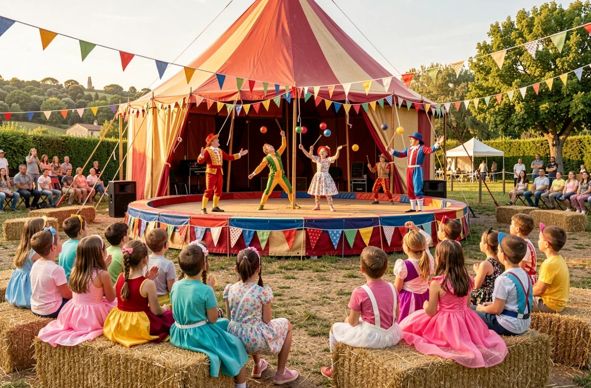 Enfants en costumes assistant à un spectacle de cirque à Circus Party à Mougins