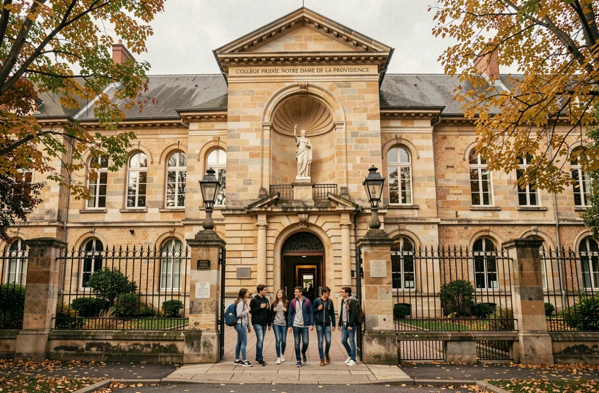 Façade du collège privé Notre Dame de la Providence avec des collégiens franchissant le portail d'entrée