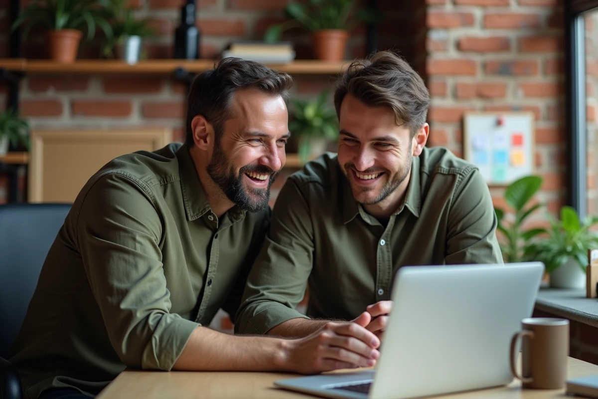 Deux collègues partageant un moment complice devant un ordinateur portable lors de la rentrée professionnelle