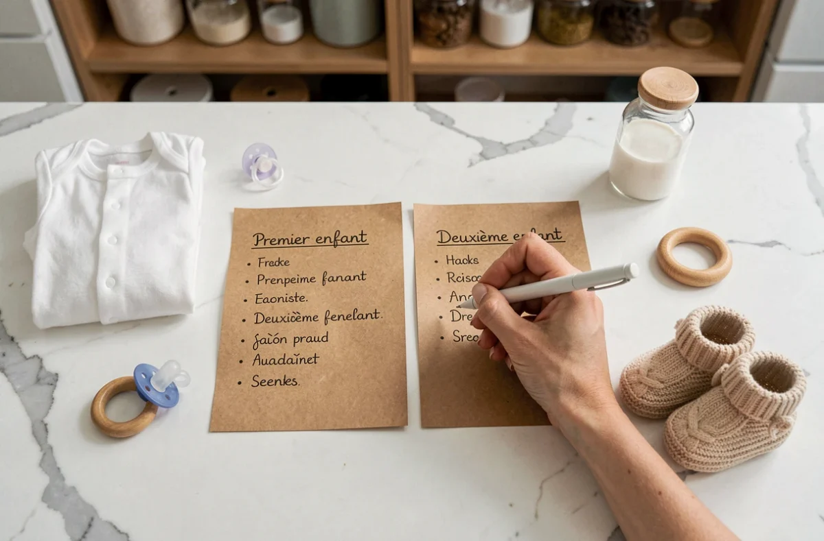 Vue aérienne de deux listes de naissance manuscrites comparant les achats pour un premier et un deuxième enfant, entourées d'articles bébé sur un plan de travail en marbre blanc