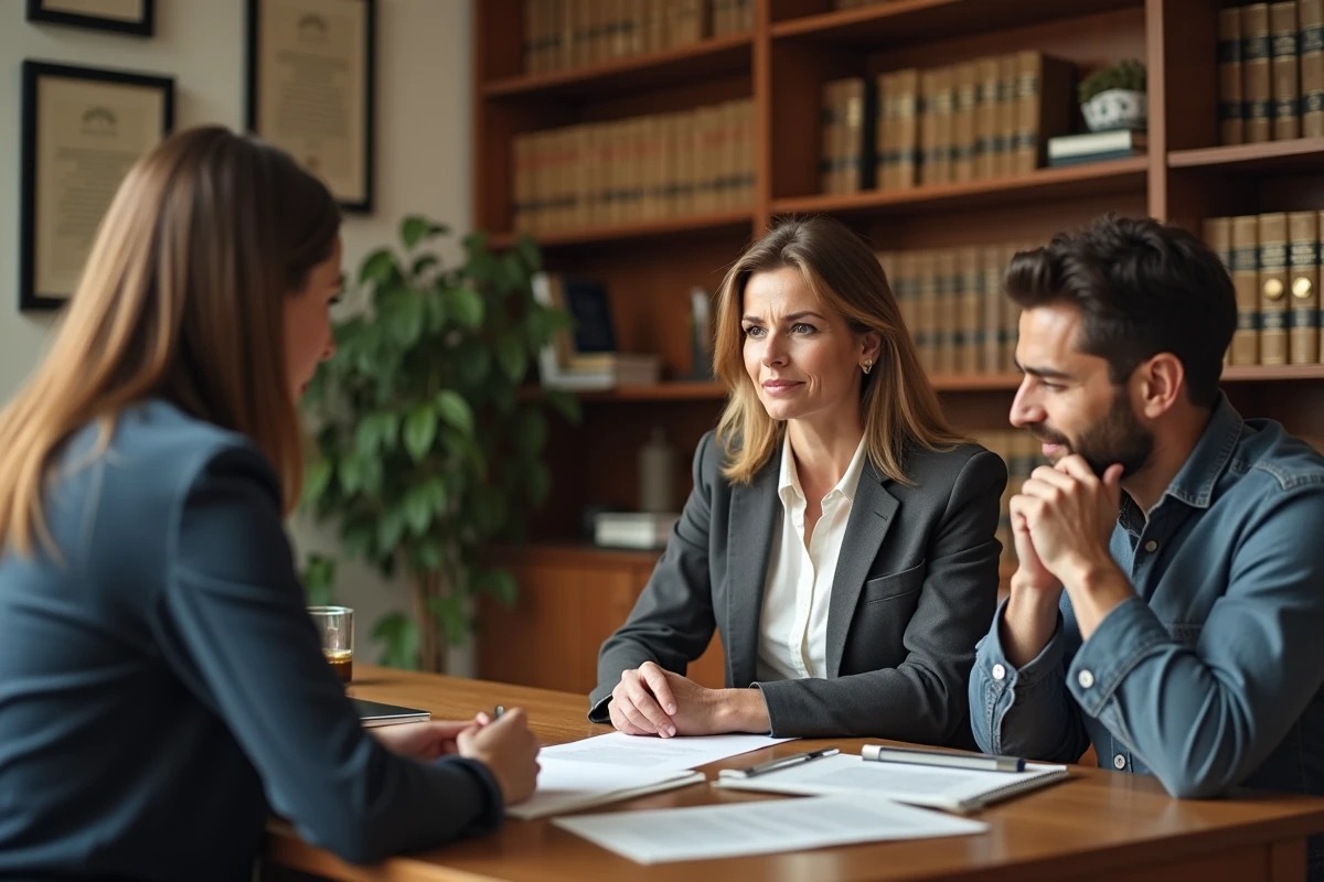 Consultation juridique familiale avec une avocate et un couple étudiant des documents liés à l'autorité parentale selon l'article 375 du Code civil
