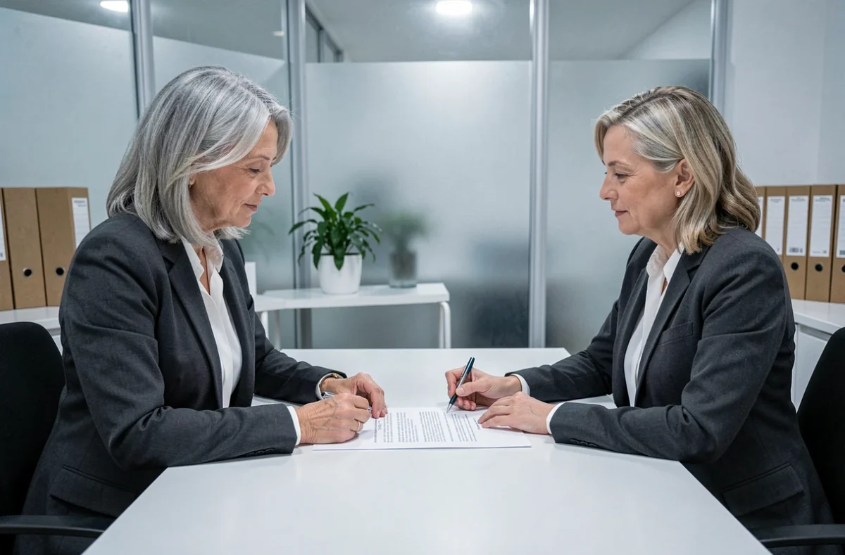 Femme consultant un notaire pour la vérification d'un testament olographe avec plusieurs légataires dans un bureau professionnel