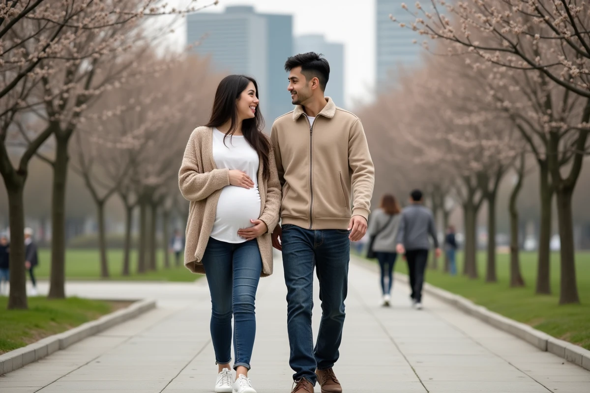 Jeune couple marchant dans un parc au printemps