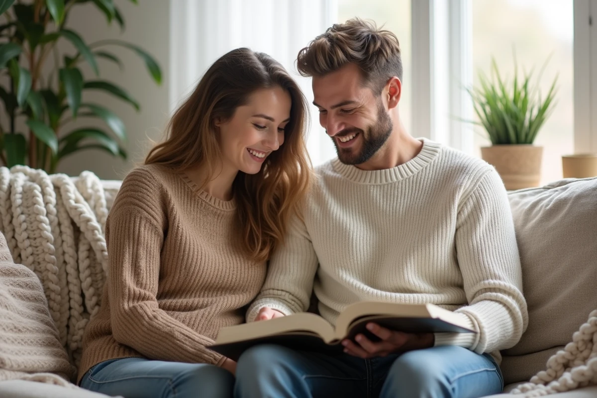 Couple discutant du choix d'un prénom ancien pour leur enfant dans un salon moderne