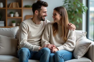 Jeune couple assis sur un sofa dans un salon chaleureux