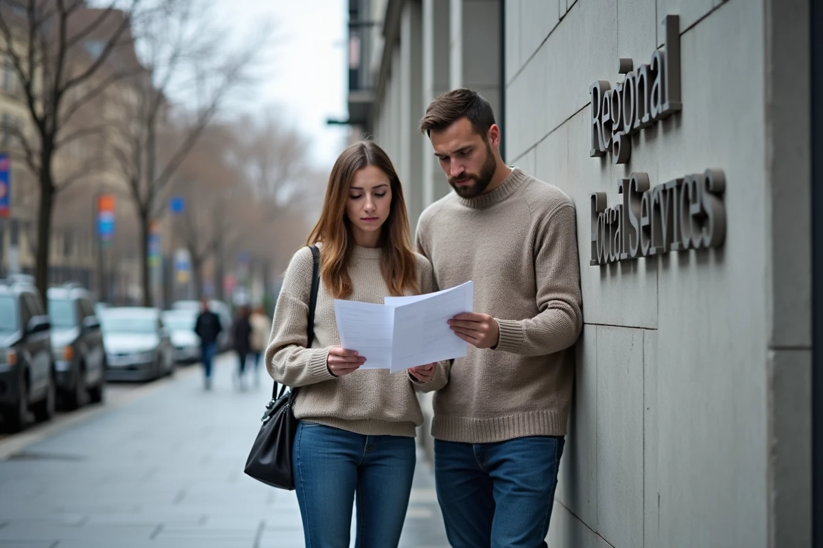 Couple inquiet consultant des documents devant un bâtiment des services sociaux suite à une dénonciation CAF