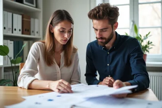 Couple consultant les documents nécessaires pour se pacser à la maison